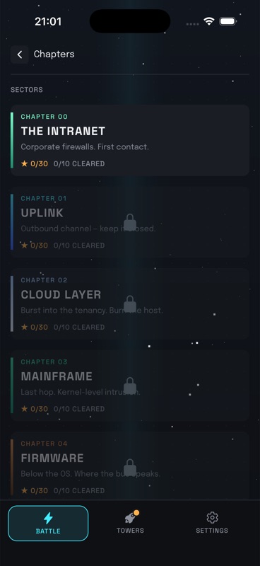 Chapter select listing sectors from The Intranet through Firmware with mission progress