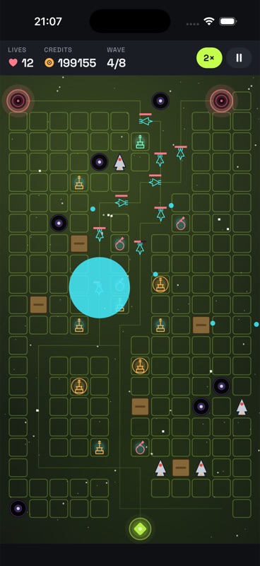 Late-game mission running at 2× speed with an AOE blast and a dense tower layout