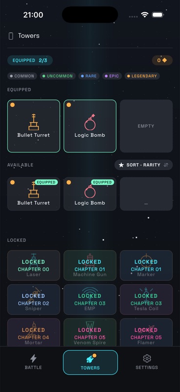Tower roster screen showing equipped, available, and chapter-locked defense programs