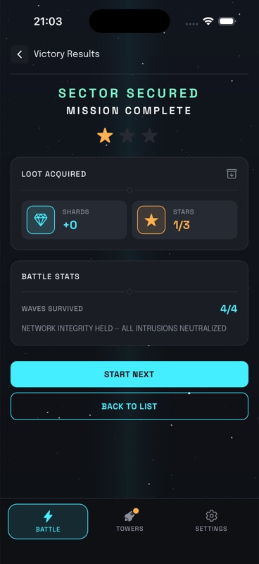 Victory results screen — Sector Secured, mission complete, with stars and battle stats